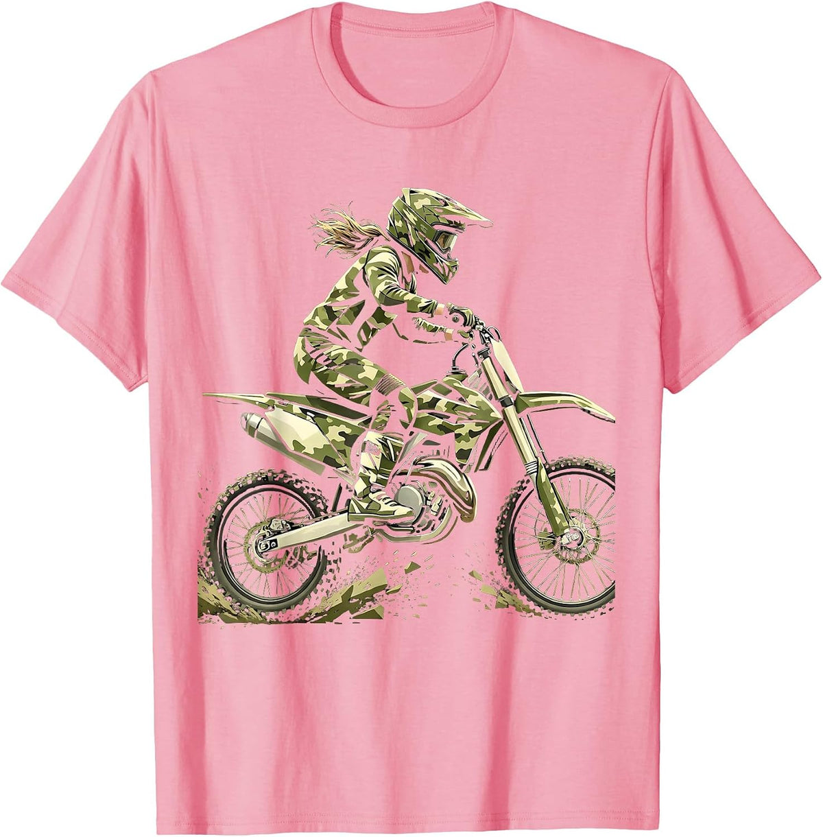 Girls Camo Dirt Bike Rider Graphic Tee T-Shirt - Pink