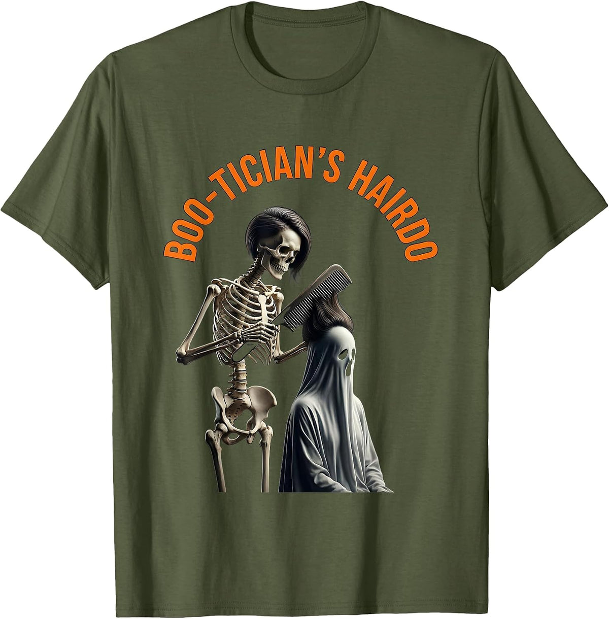 Men's Boo-tician's Hairdo Minimalist Skeleton Hairstylist T-Shirt - Olive Green