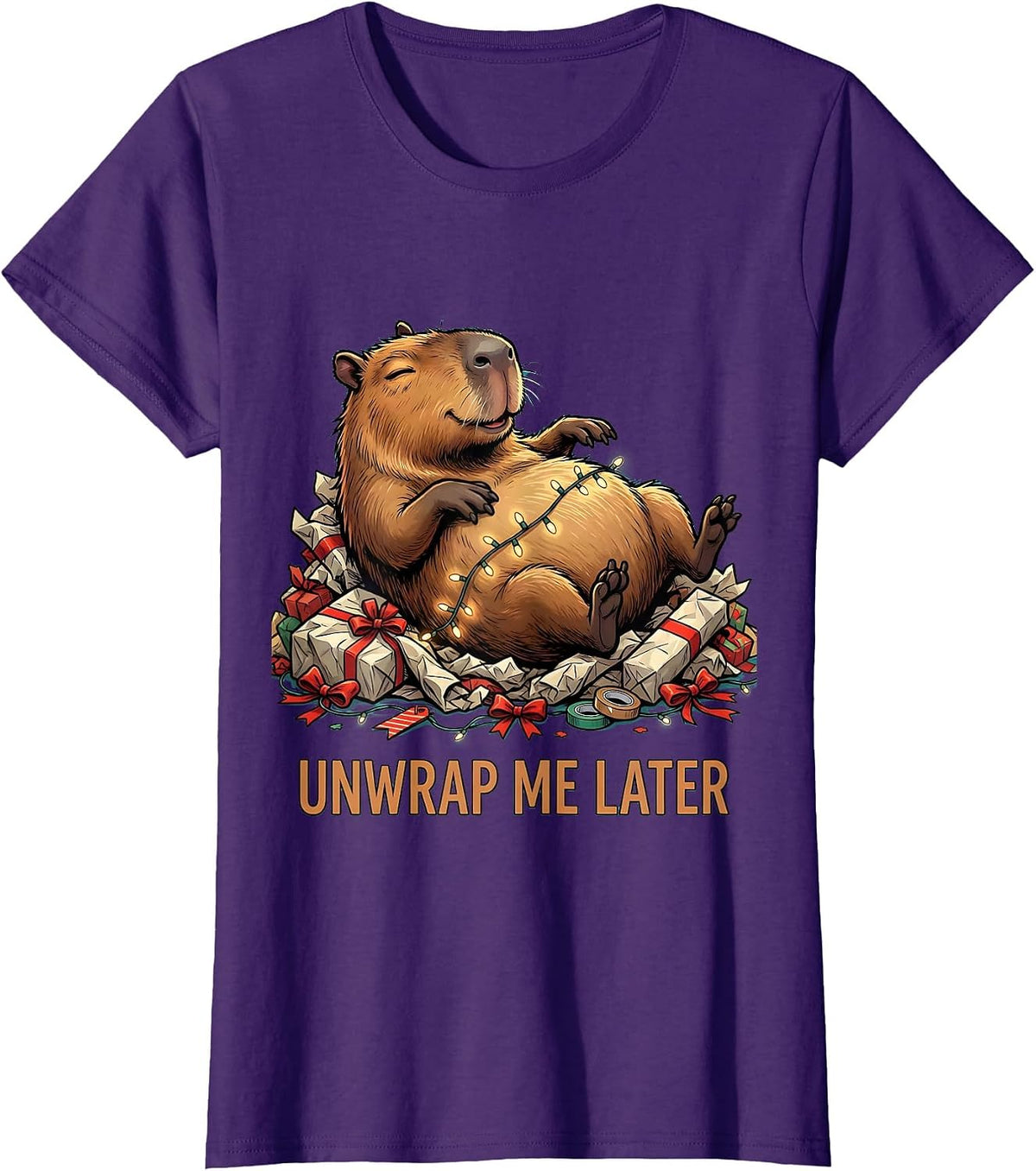 Unwrap Me Later Cute Christmas Capybara Funny Animal Lover T-Shirt - Purple