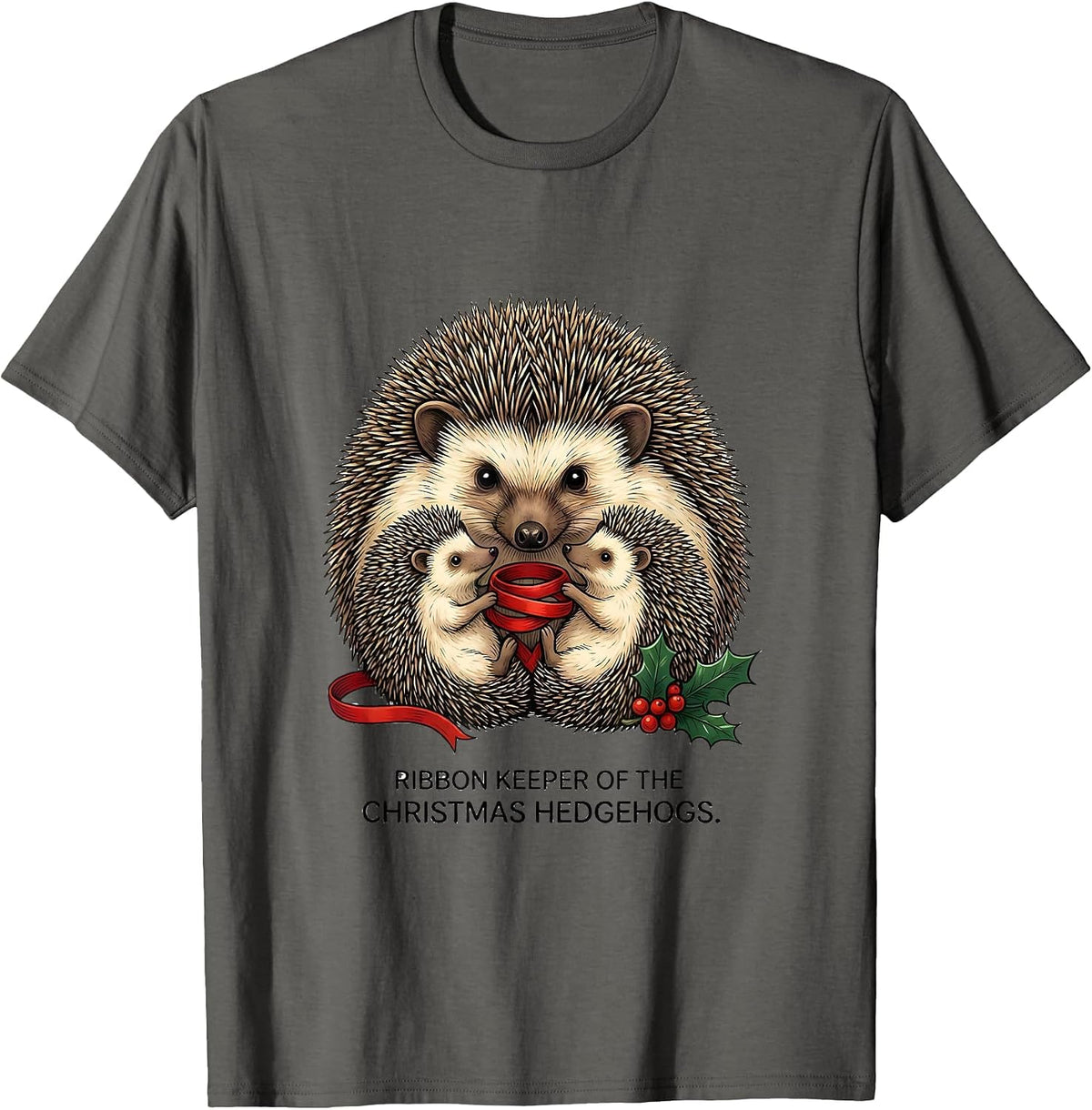 Men's Ribbon Keeper Of The Christmas Hedgehogs Cute T-Shirt - Asphalt Grey