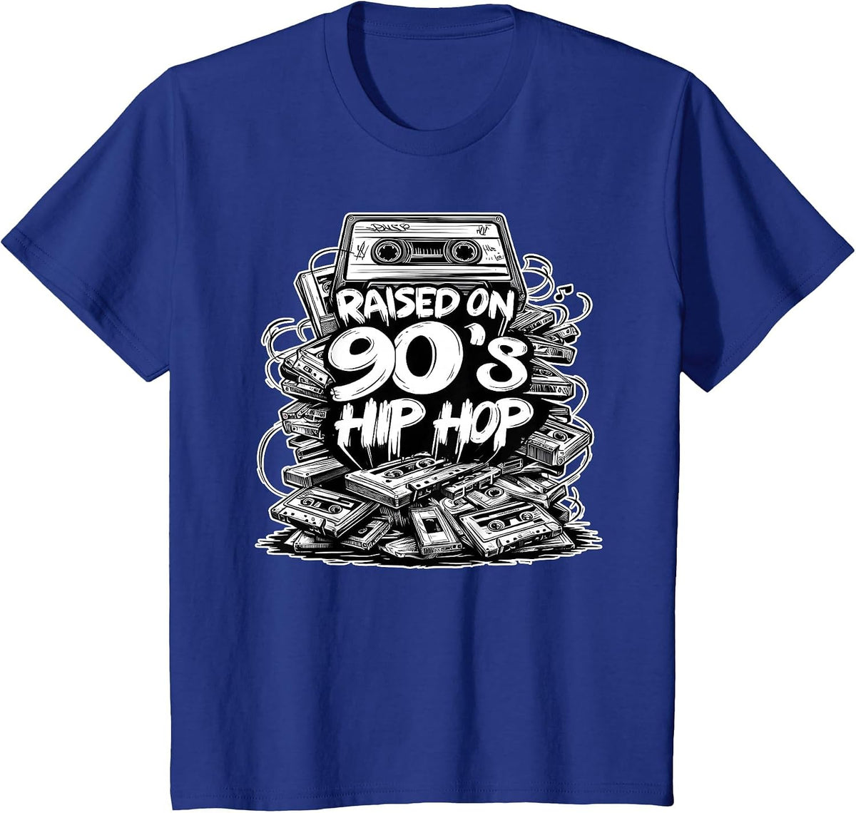 Raised ON 90s Hip HOP Cassette Tape Graffiti Rap T-Shirt - Royal Blue