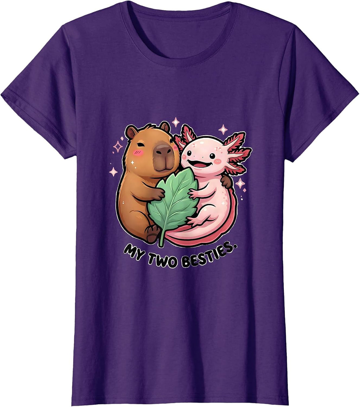 Women's My Two Besties Cute Kawaii Capybara Axolotl Animal Lover T-Shirt - Purple