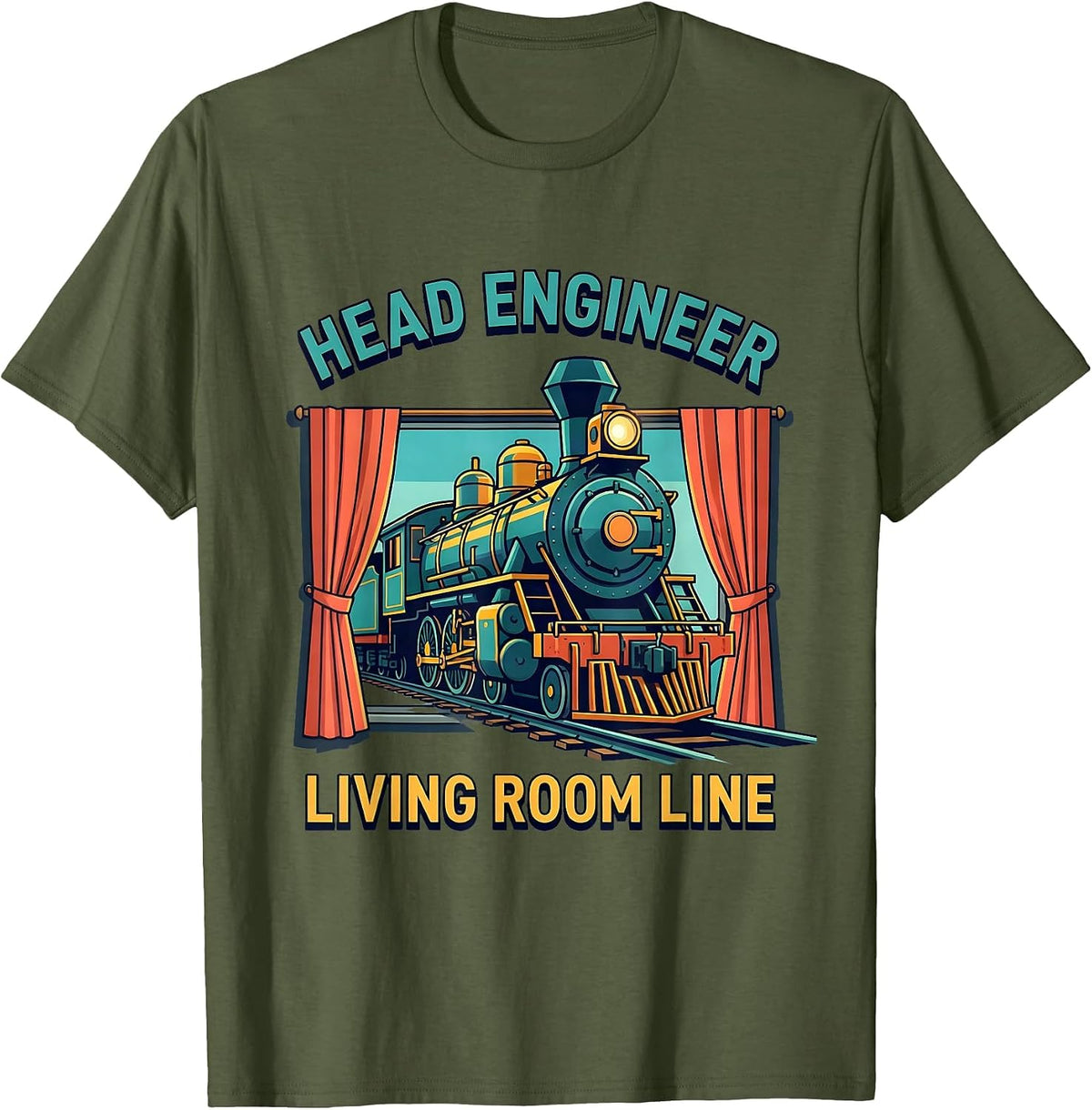 Head Engineer Living Room Line Funny Train Hobbyist Model T-Shirt - Olive Green