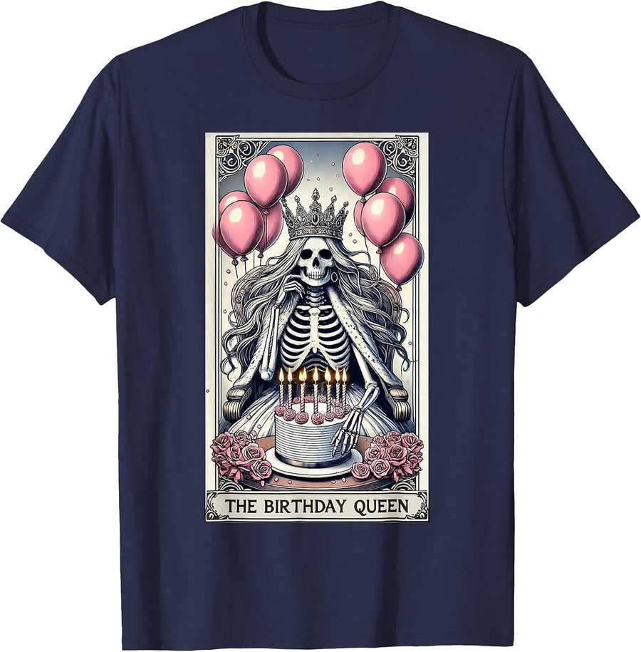 Birthday Queen Tarot Card Cute Gothic Skeleton Halloween T-Shirt - Navy Blue