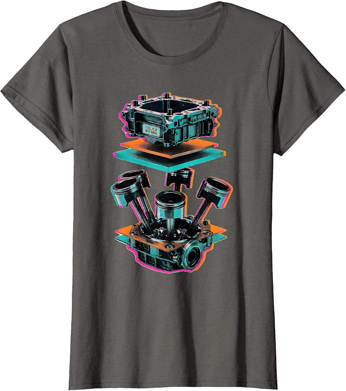 Women's I Still Play With Rings Risograph Mechanic Engine Block T-Shirt - Asphalt Grey