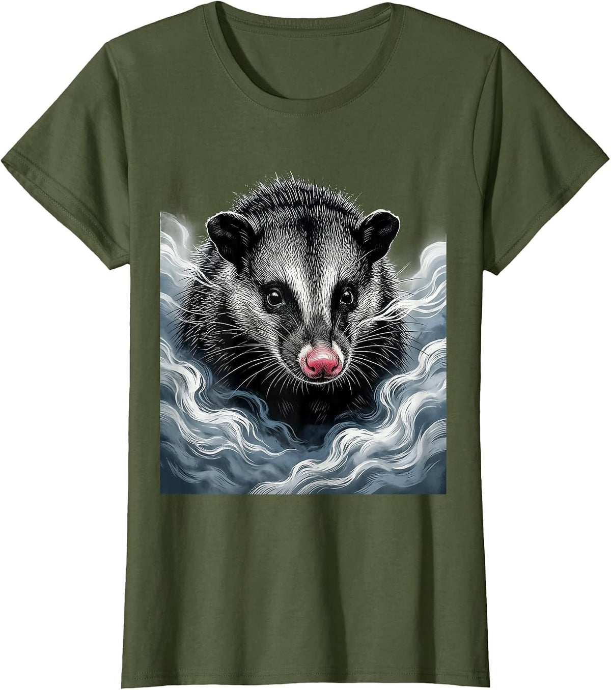 Women's Opossum in the Morning Fog Illustration T-Shirt - Olive Green