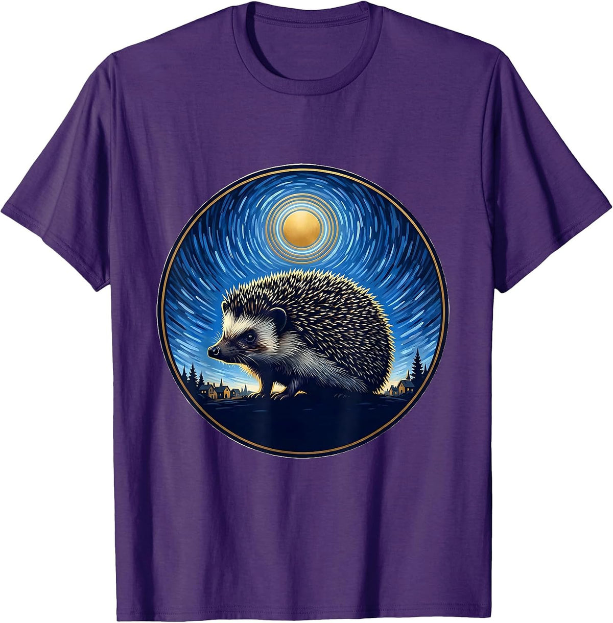 Men's Hedgehog Starry Night Van Gogh Animal Lover Art Parody T-Shirt - Purple