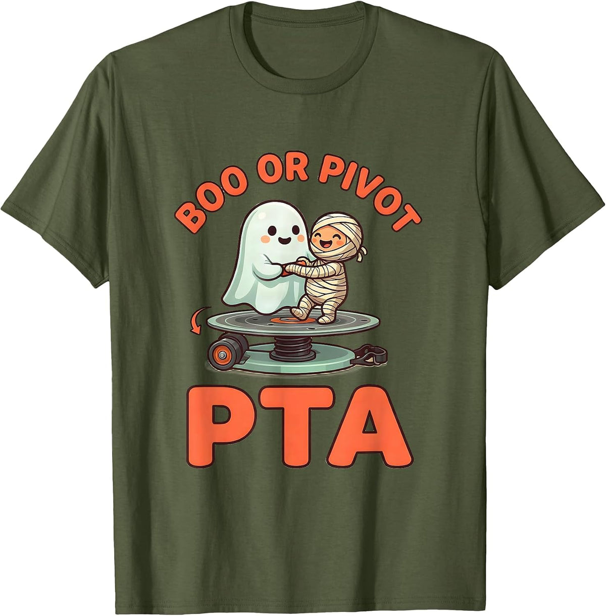Men's Boo Or Pivot PTA Cute Kawaii Halloween Rehab Therapy Team T-Shirt - Olive Green