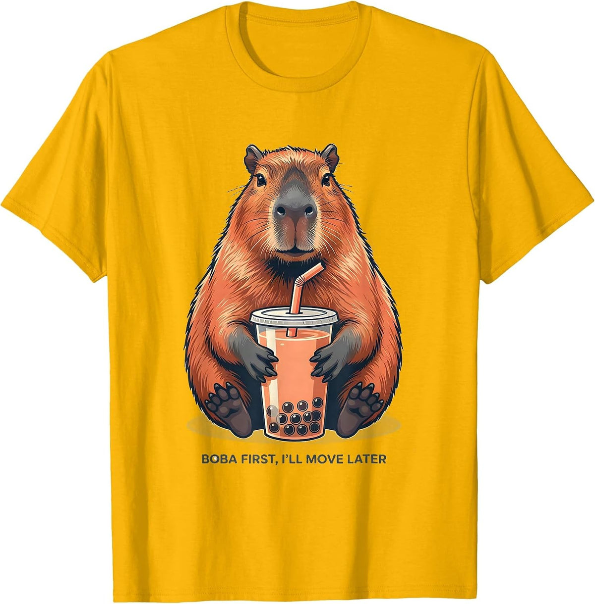 Boba First, I'll Move Later Cute Capybara Kawaii Anime Boba T-Shirt - Golden Yellow