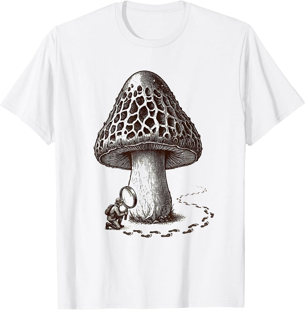 Men's Morel Forager Crosshatch Etching Funny Mushroom Hunting T-Shirt - White
