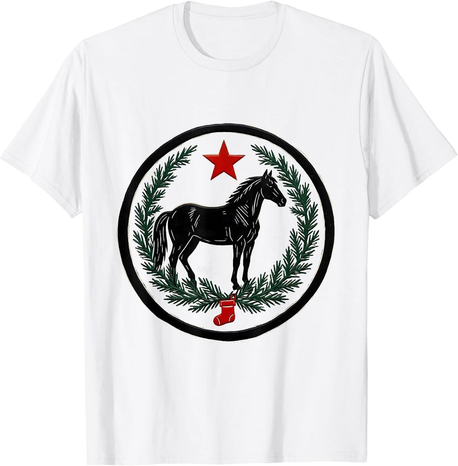 Men's Sealed Horse Star Badge Linocut Horse Lover Christmas T-Shirt - White