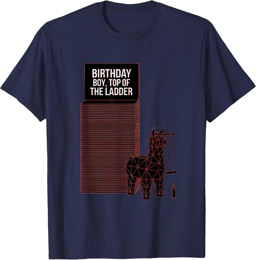 Birthday Boy Top Of The Ladder Llama Piñata Gamer Party T-Shirt - Navy Blue