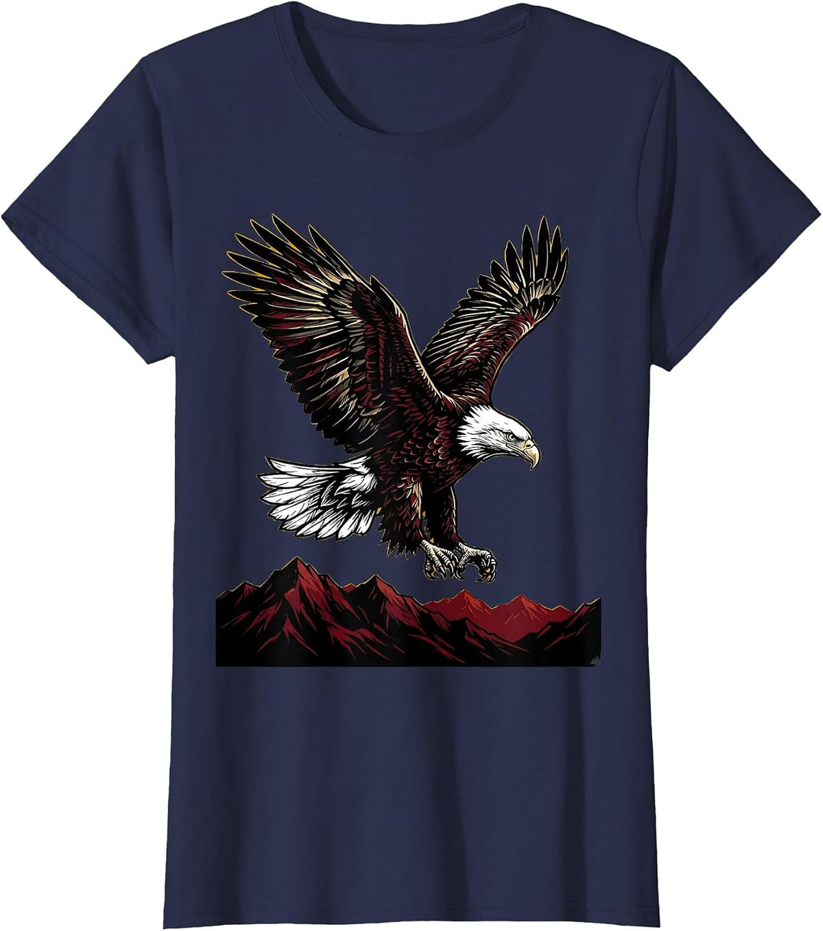 Women's Bald Eagle Soaring Over Mountain Ridge T-Shirt - Navy Blue