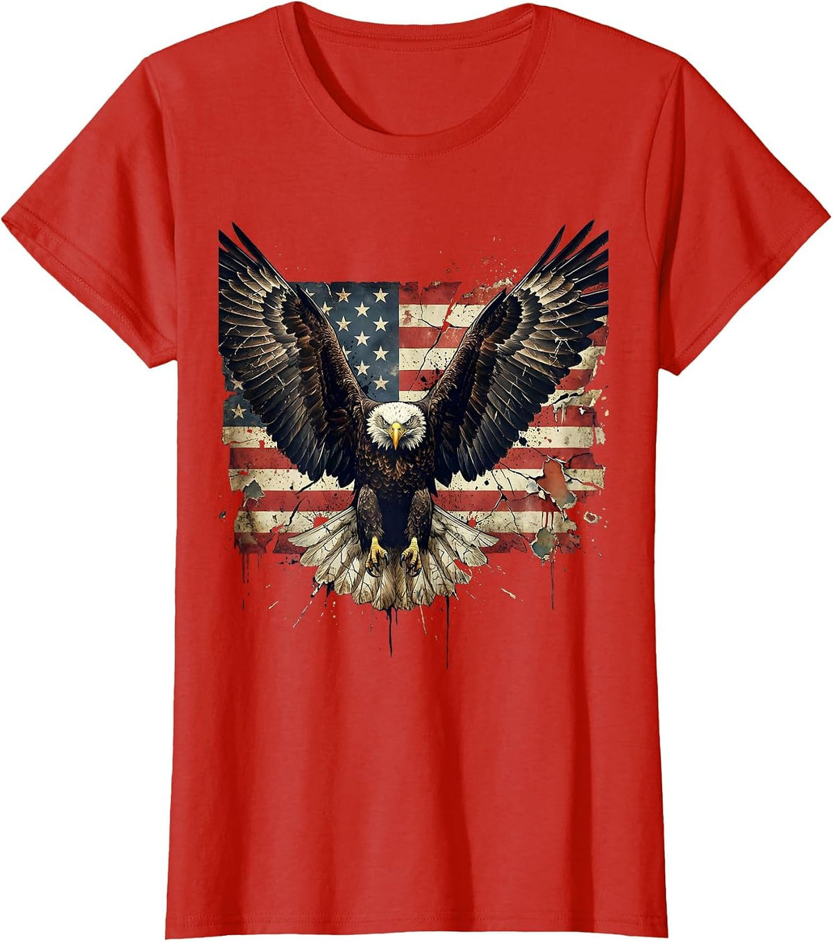 Eagle Wings Spread Across American Flag Design T-Shirt - Red