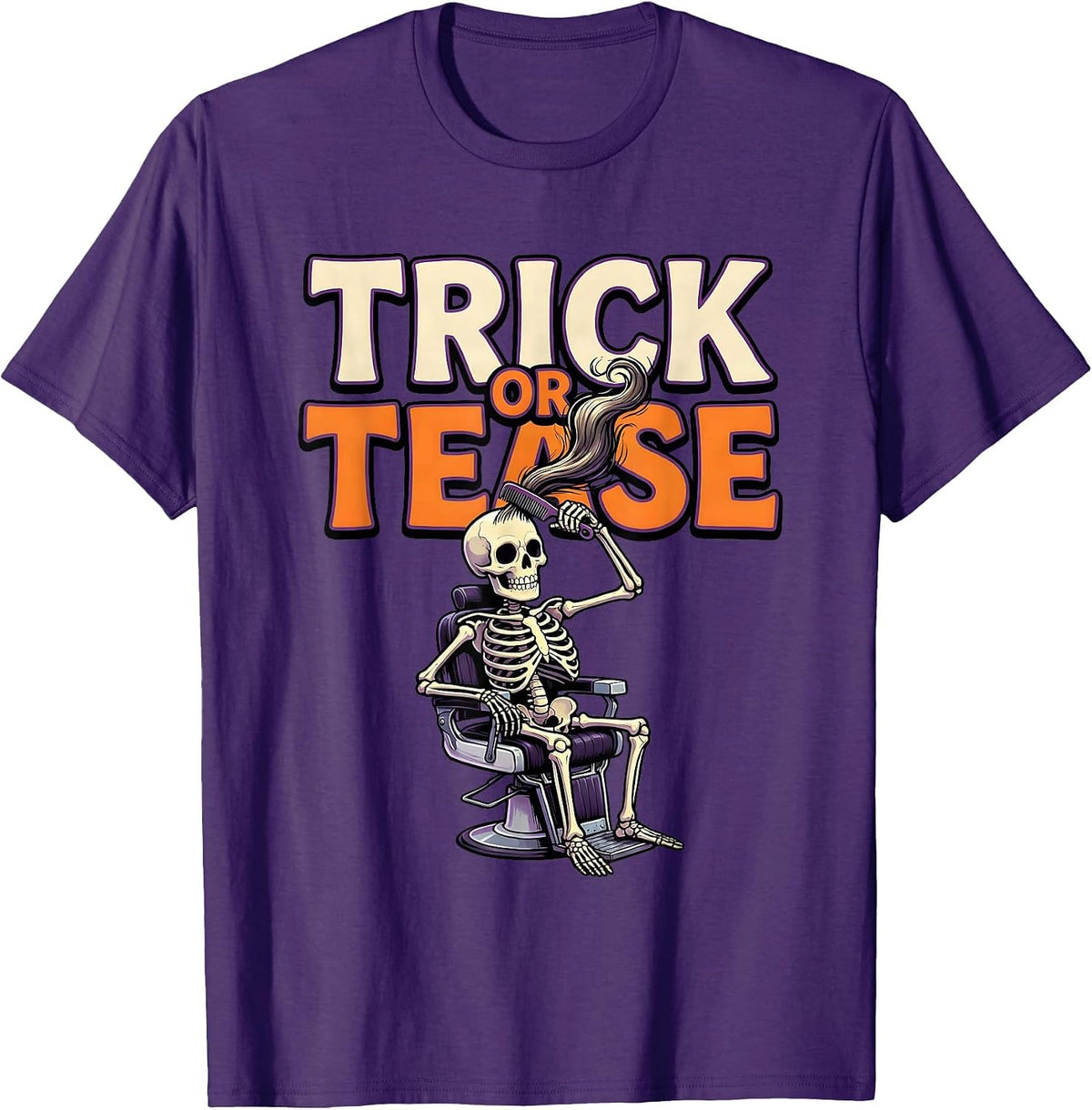 Trick Or Tease Cartoon Skeleton Hairstylist Halloween Humor T-Shirt - Purple