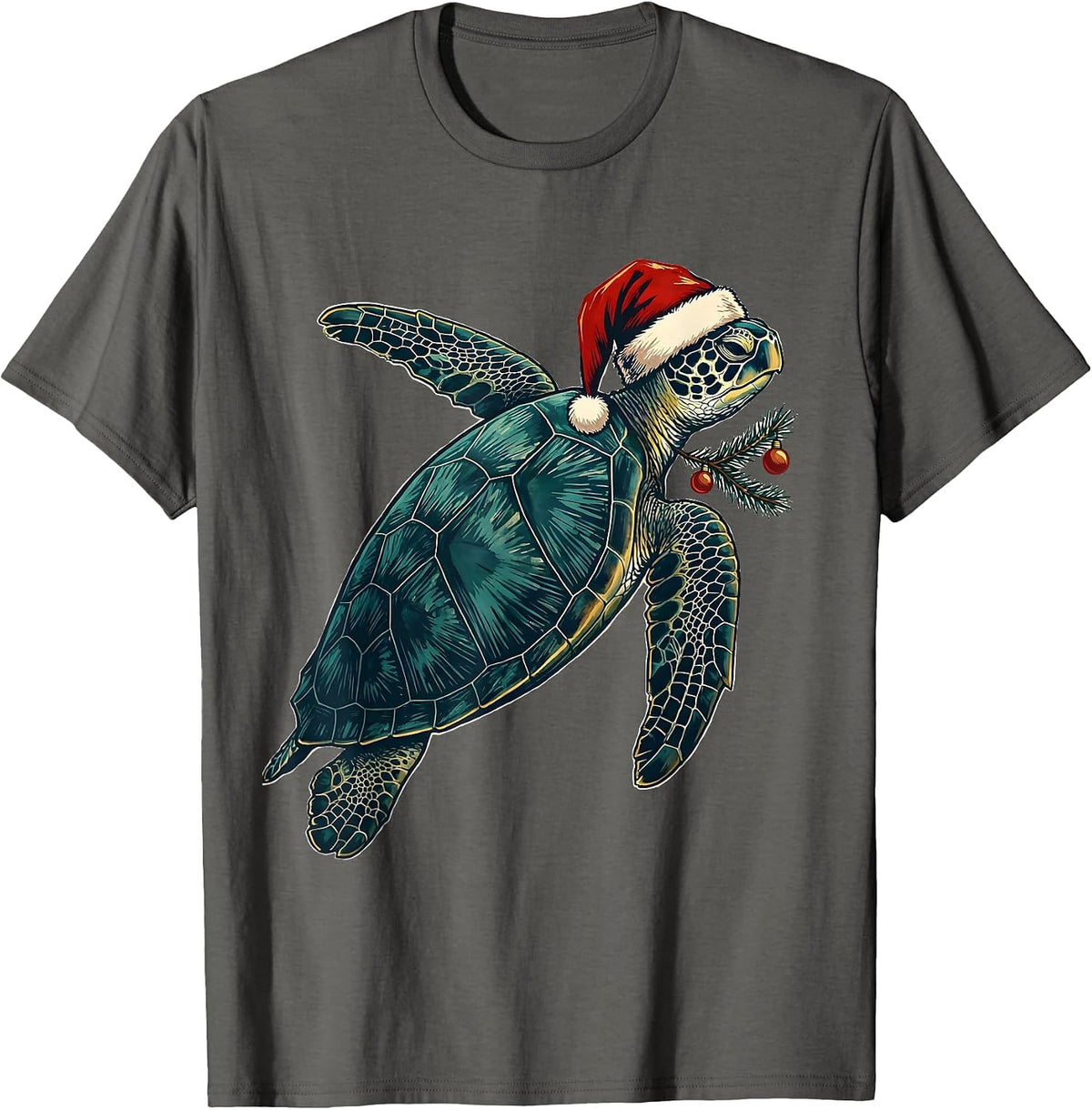 Sea Turtle Santa Hat Linocut Holiday Novelty T-Shirt - Asphalt Grey
