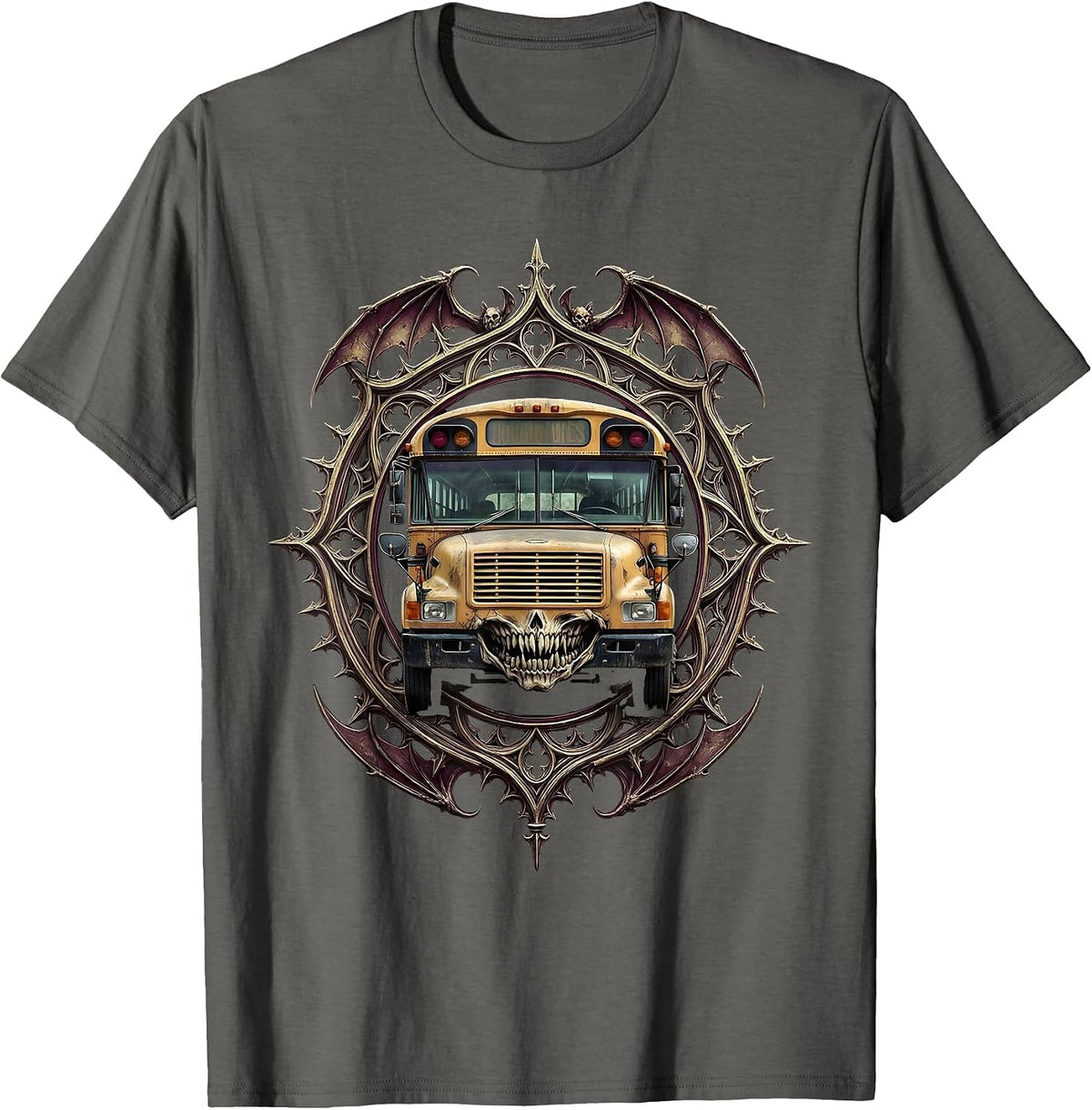 Men's Halloween Haunted School Bus Glowing Windows T-Shirt - Asphalt Grey