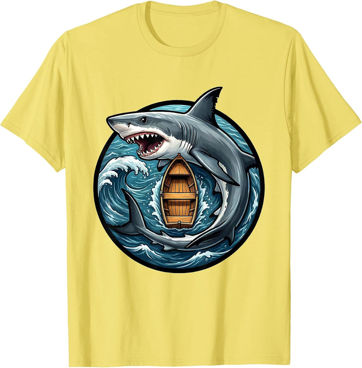 Men's Shark Circling Rowboat Aerial View Graphic T-Shirt - Lemon Yellow