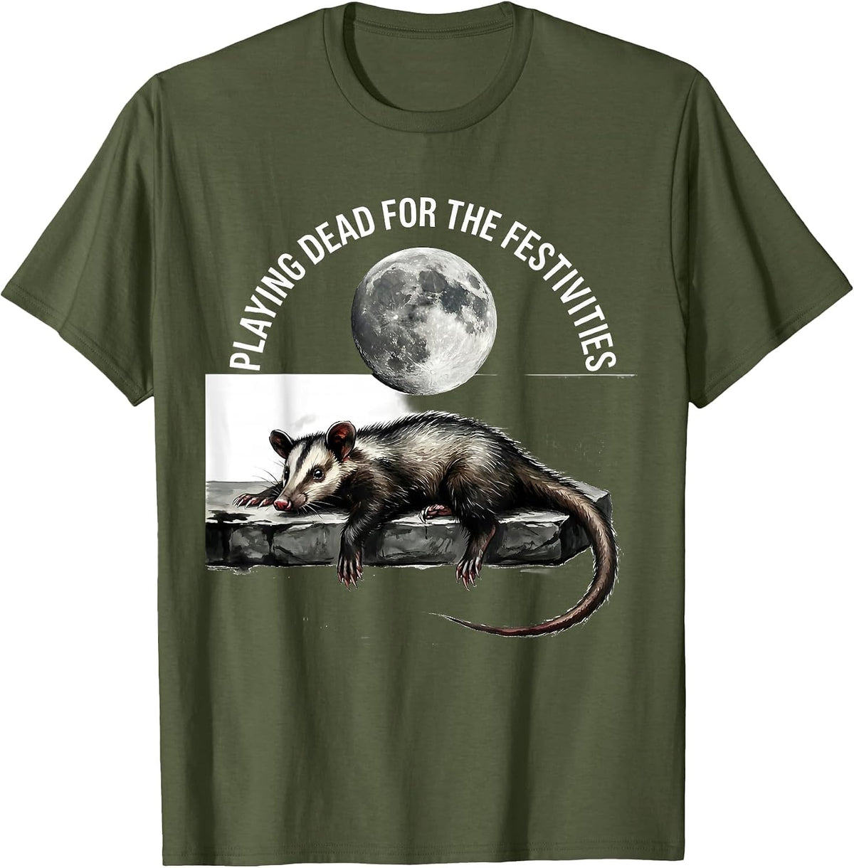 Playing Dead For The Festivities Vintage Opossum Halloween T-Shirt - Olive Green