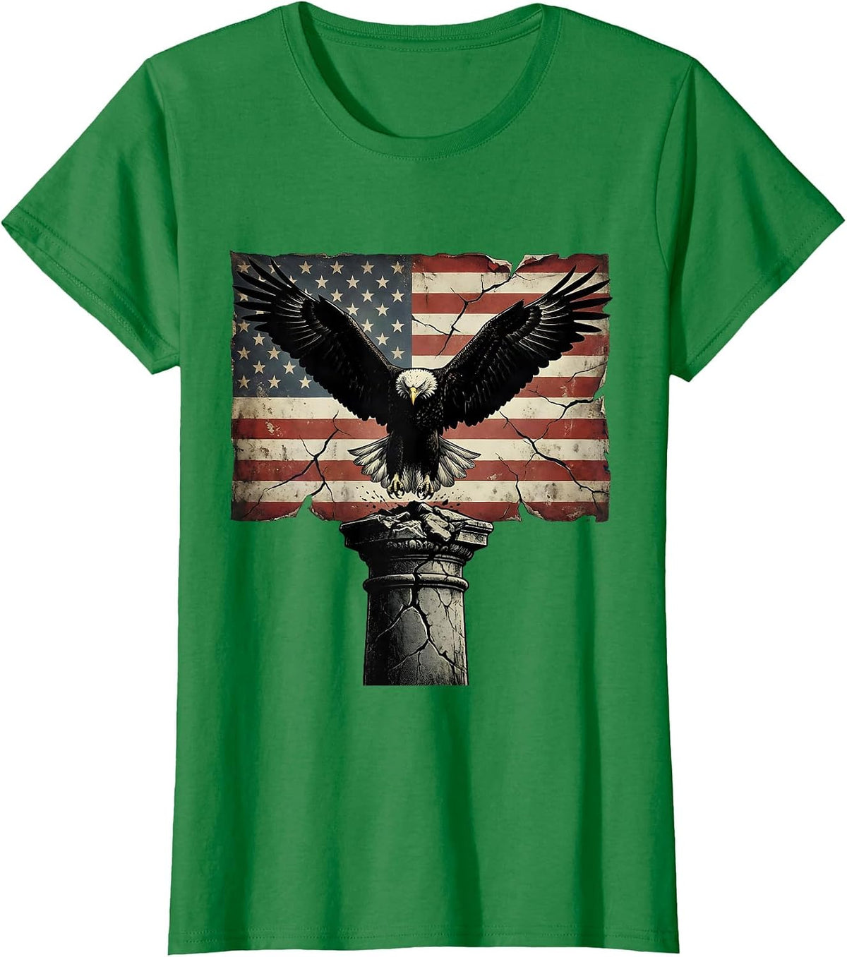 Women's Eagle Landing on Cracked Stone Pedestal Design T-Shirt - Kelly Green