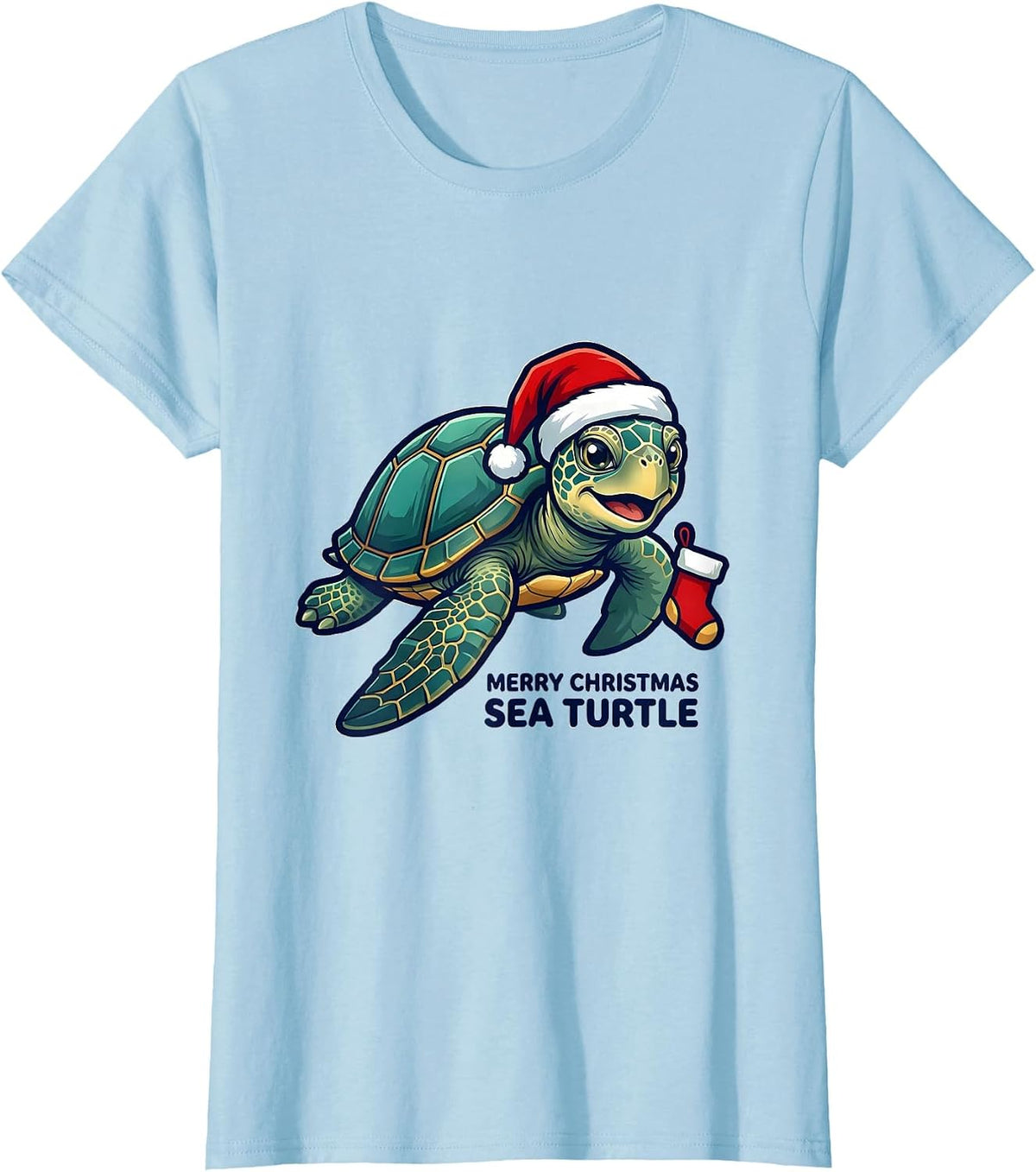 Merry Christmas Sea Turtle Santa Hat Whimsical Novelty Gift T-Shirt - Baby Blue