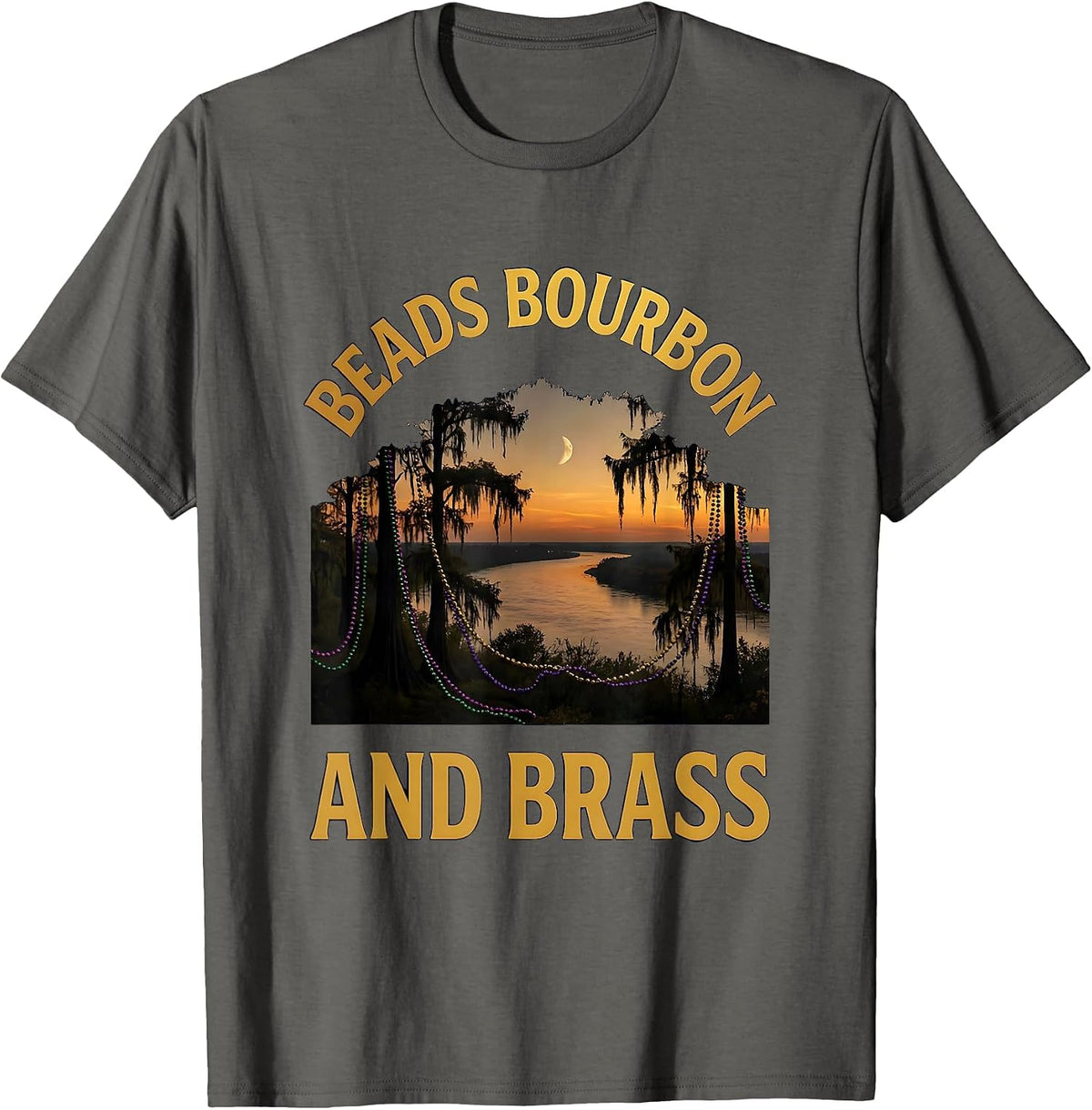 Beads Bourbon and Brass Mardi Gras Design T-Shirt - Asphalt Grey