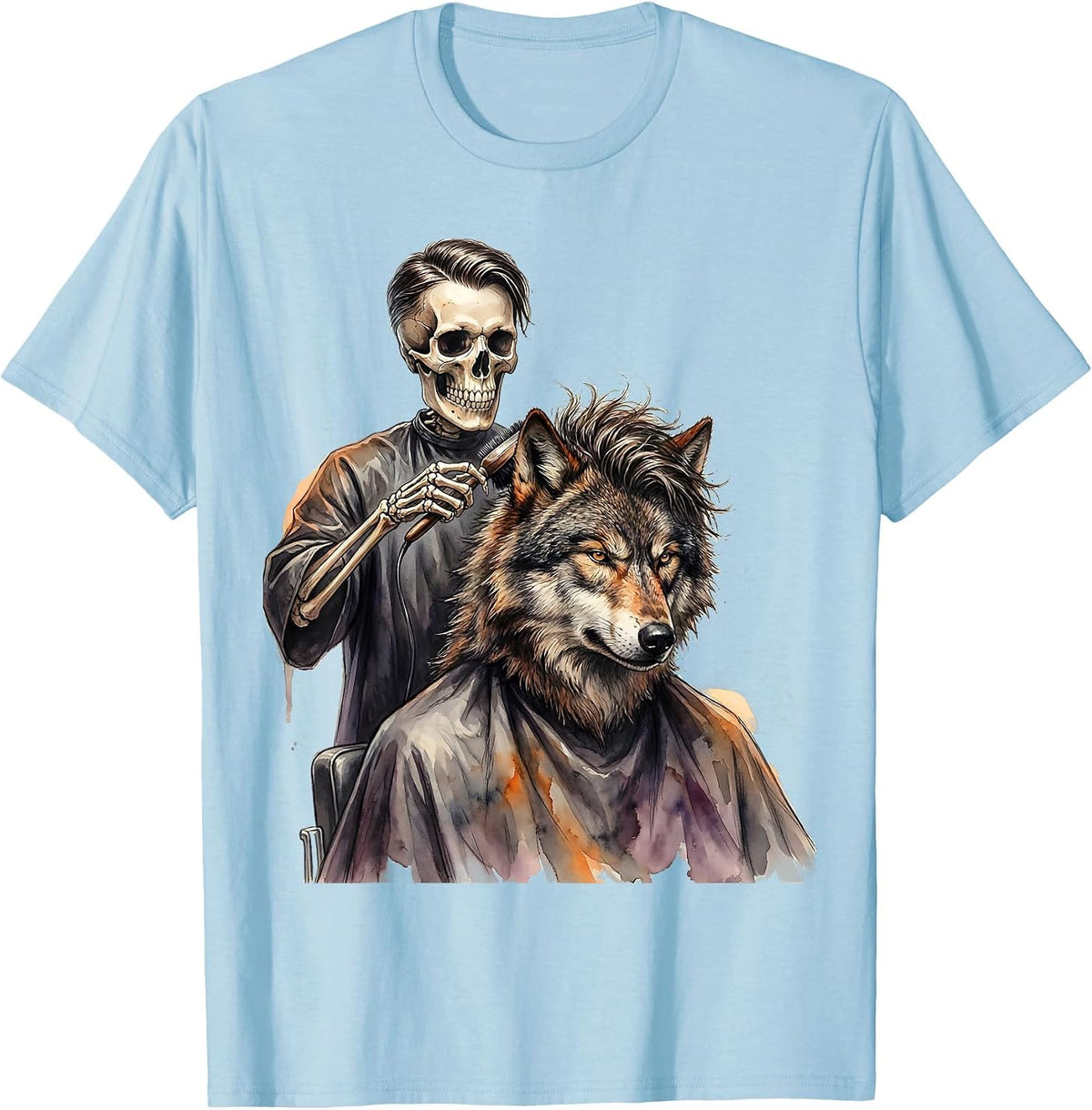 Men's Watercolor Skeleton Stylist Halloween Hair Stylist Humor T-Shirt - Baby Blue