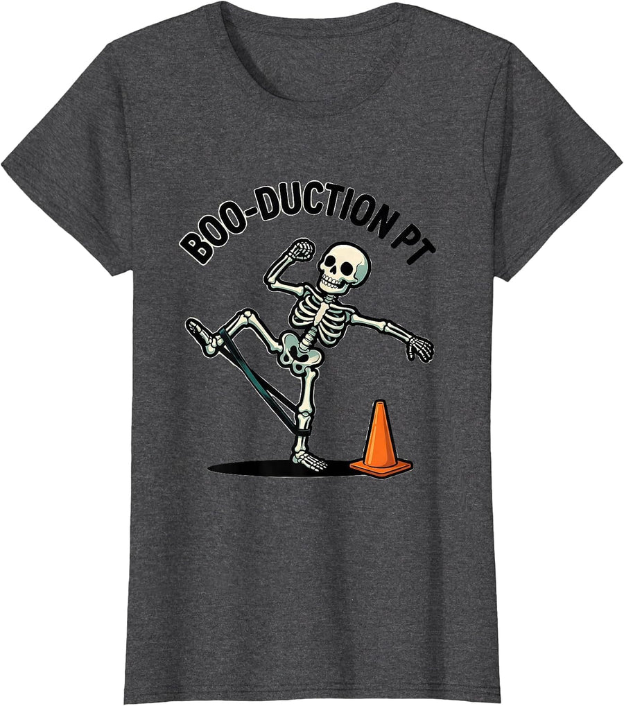 Women's Boo-duction PT Cartoon Physical Therapy Halloween Therapist T-Shirt - Dark Heather Grey