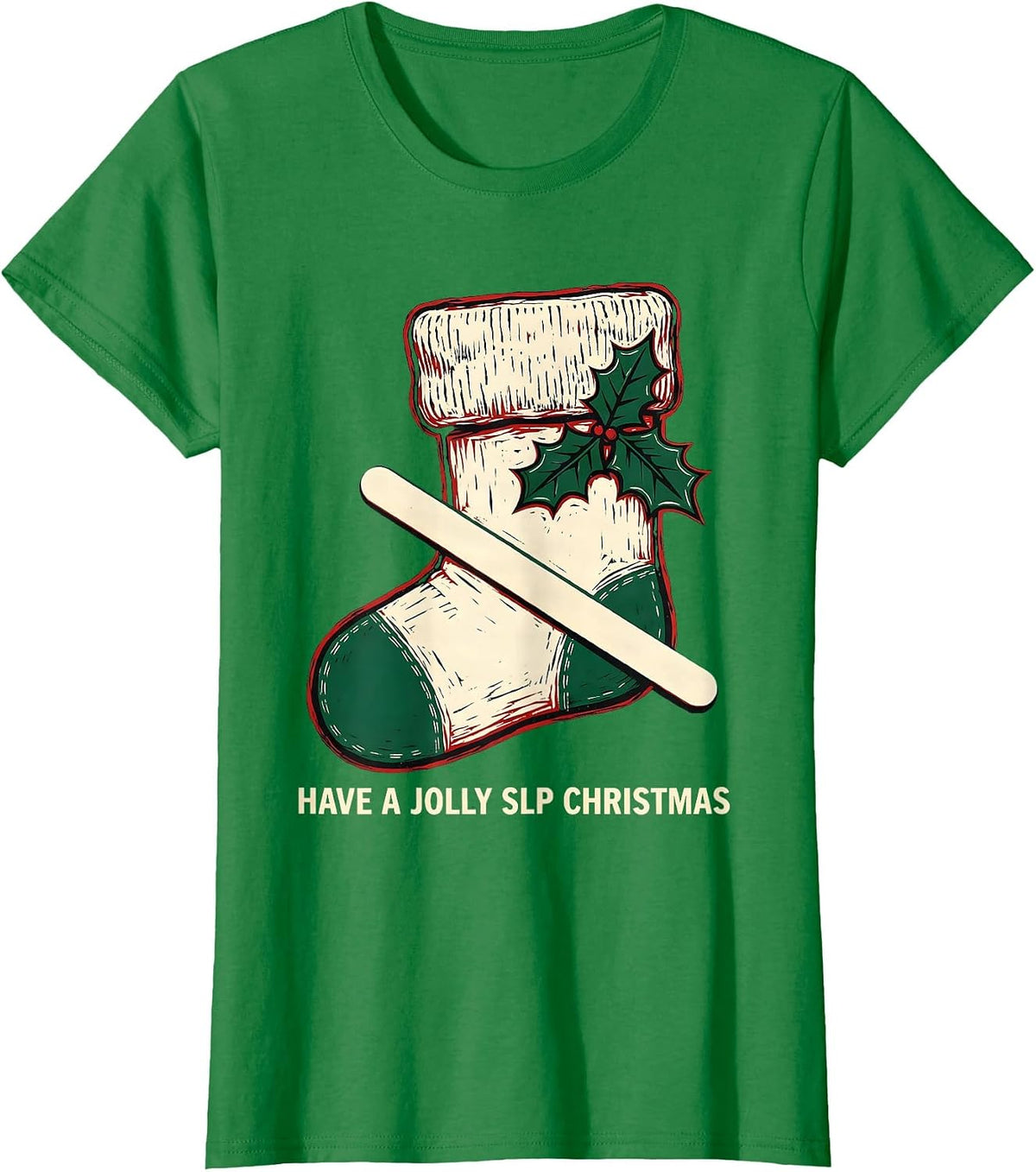 Have a Jolly SLP Christmas Linocut Speech Therapist Holiday T-Shirt - Kelly Green