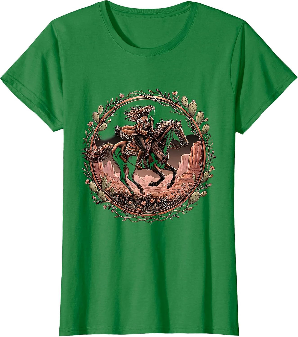 Women's Horseback Rider Canyon Dust Western Graphic T-Shirt - Kelly Green