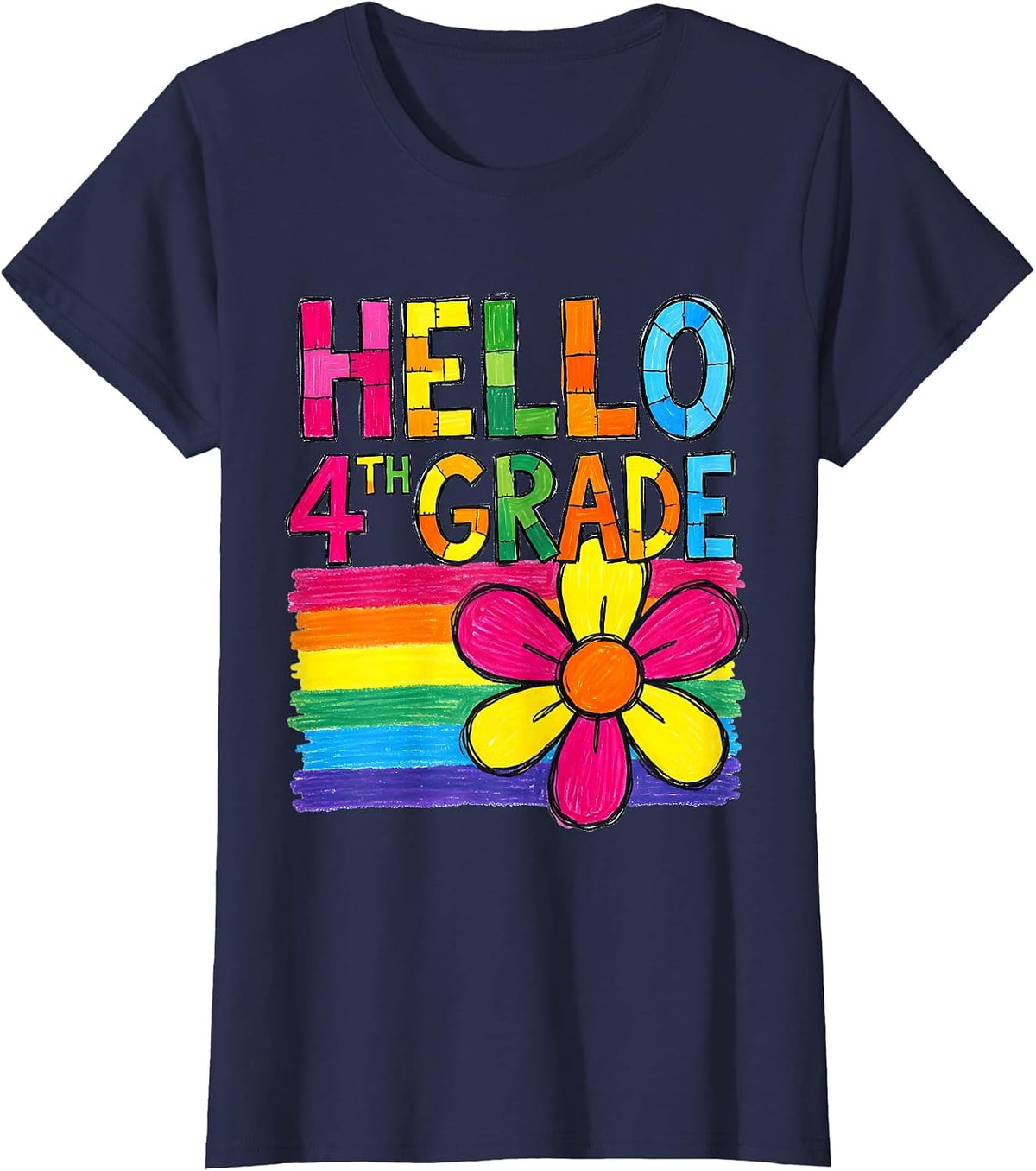 Women's Hello 4th Grade Naive Kidcore Back To School Teacher Girl T-Shirt - Navy Blue