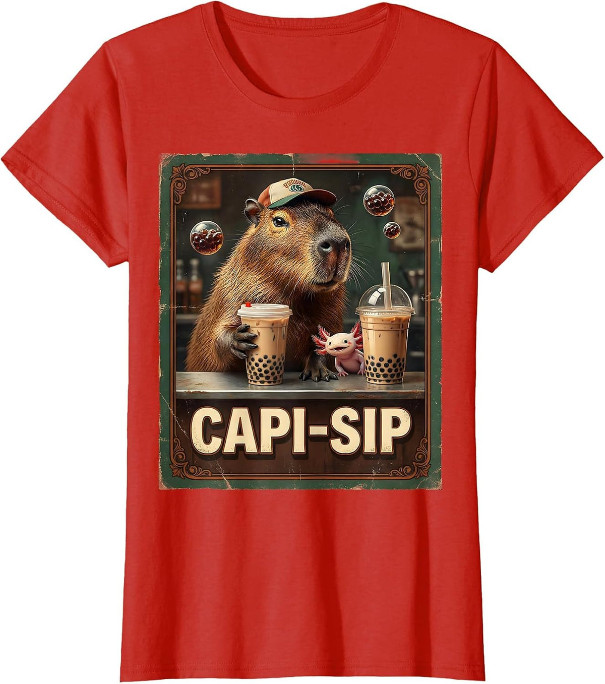 Capi-Sip Vintage Kawaii Capybara Boba Tea Anime Humor T-Shirt - Red