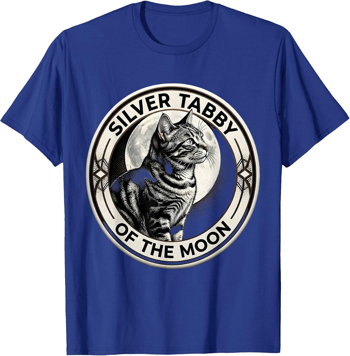Men's Silver Tabby Of The Moon Blackwork Dotwork Cat Lover Humor T-Shirt - Royal Blue