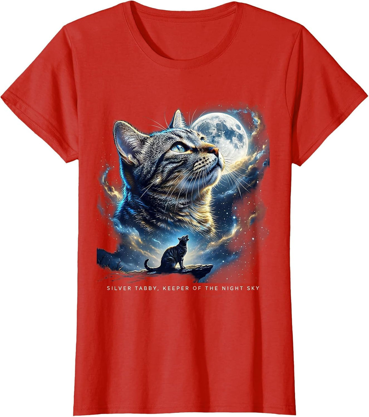 Silver Tabby, Keeper of the Night Sky Cosmic Retro Cat Lover T-Shirt - Red