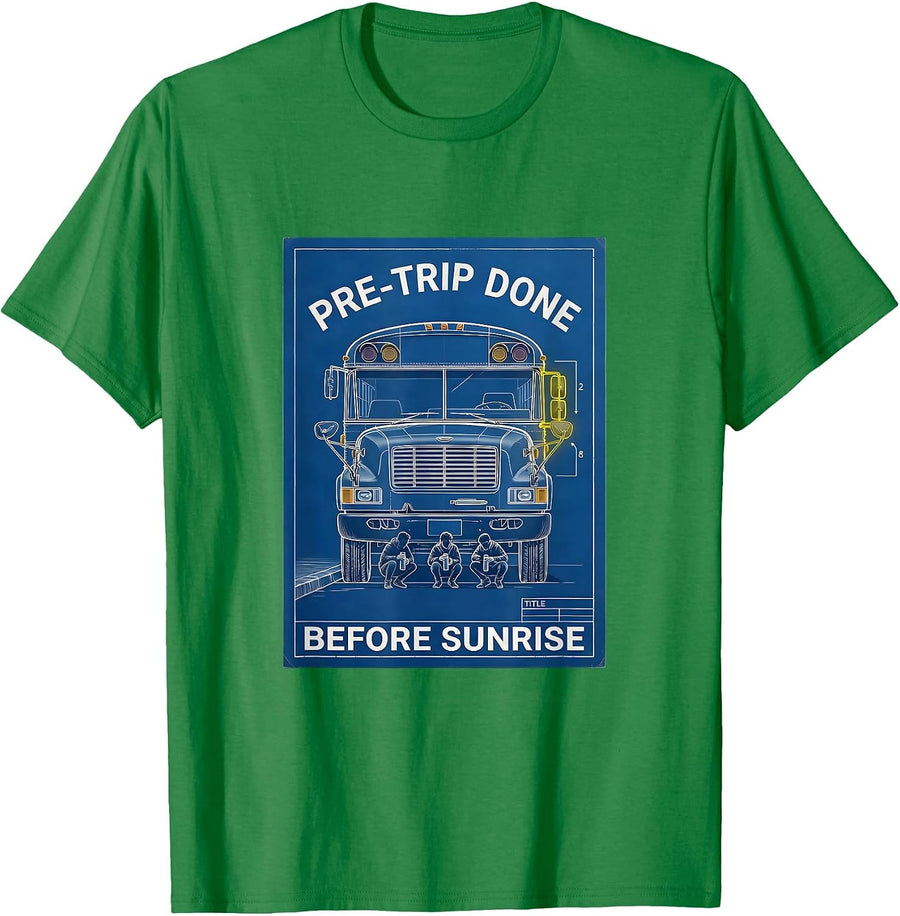 Men's Pre-Trip Done Before Sunrise Technical Blueprint School Bus T-Shirt - Kelly Green