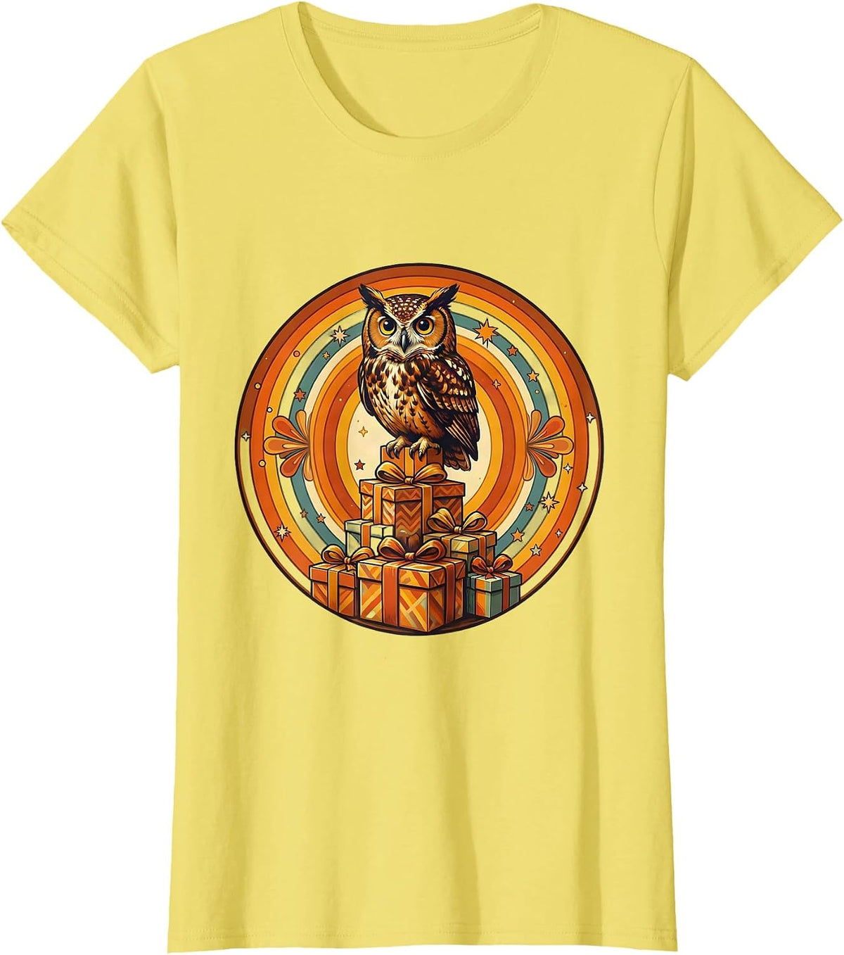 Women's Owl on Birthday Gifts Stack Illustration T-Shirt - Lemon Yellow