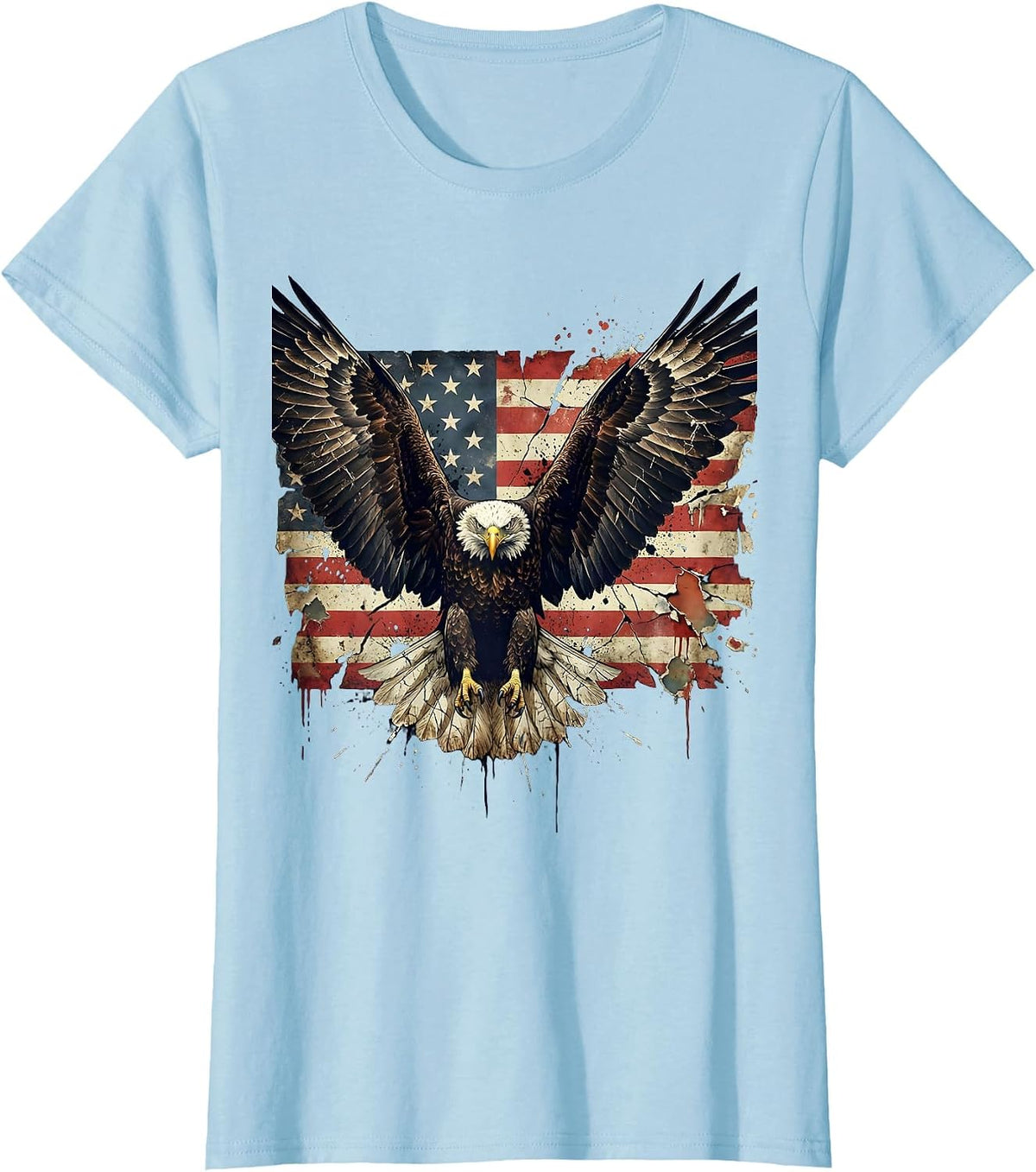 Eagle Wings Spread Across American Flag Design T-Shirt - Baby Blue