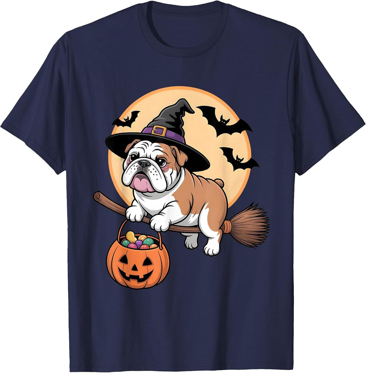 Bulldog Witch Hat Pumpkin Halloween Costume Men Women Kids T-Shirt - Navy Blue
