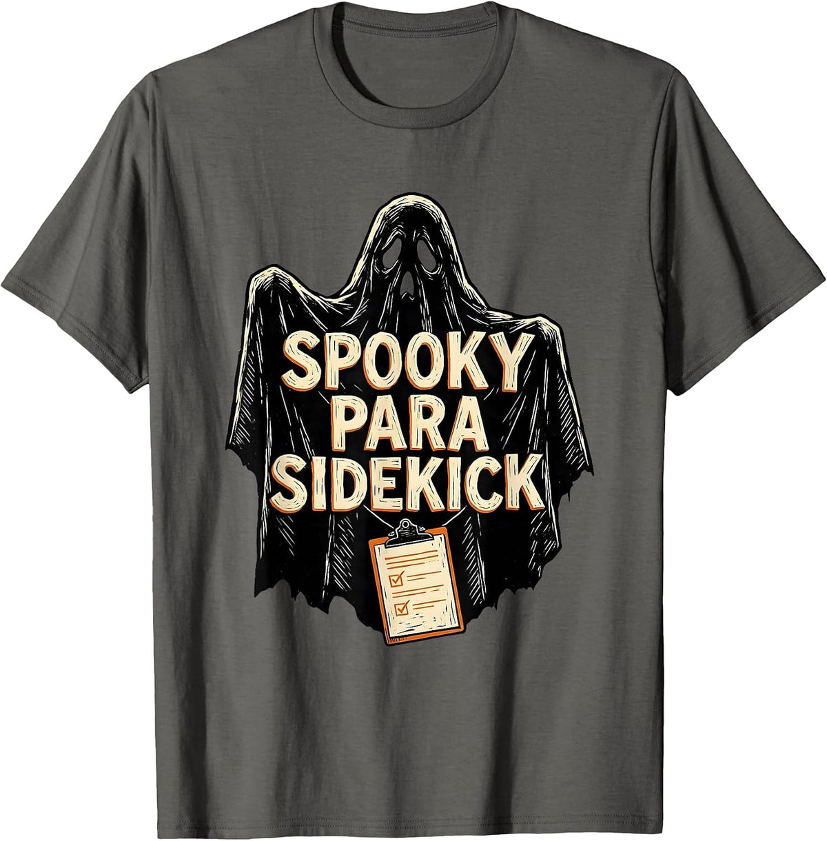 Men's Spooky Para Sidekick Linocut Teacher Aide Halloween Party T-Shirt - Asphalt Grey
