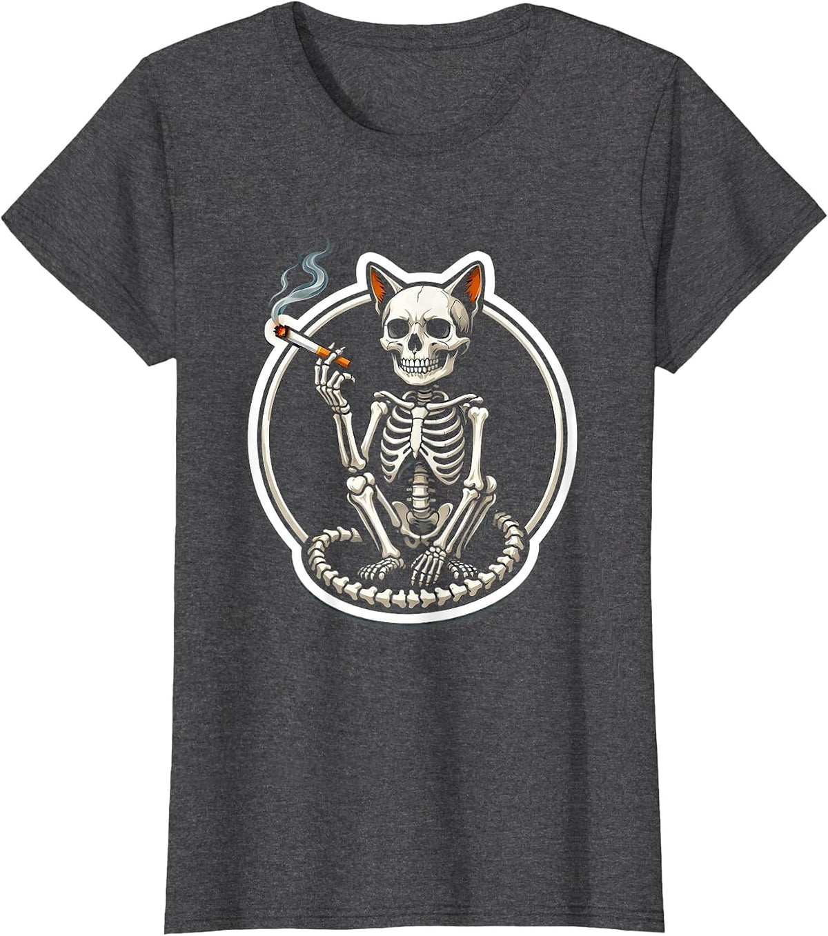 Women's Skeletal Cat Smoking Cigarette Dark Art Graphic T-Shirt - Dark Heather Grey