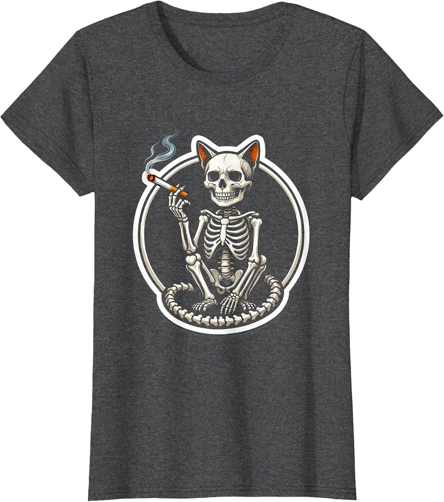Women's Skeletal Cat Smoking Cigarette Dark Art Graphic T-Shirt - Dark Heather Grey
