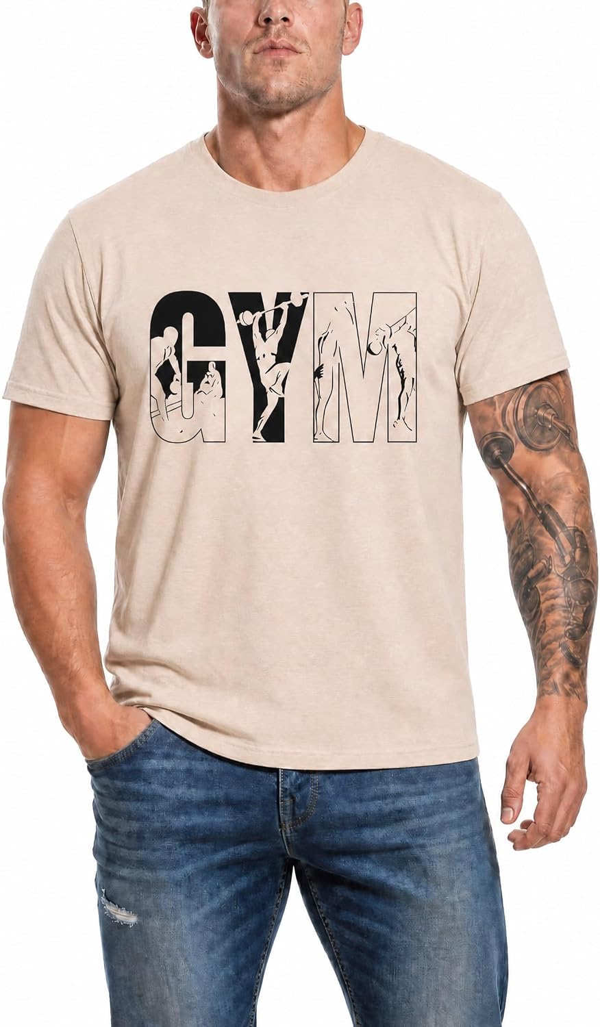 Men's Gym Graphic Tees - Workout Sports T-Shirt for Bodybuilding - G8-beige