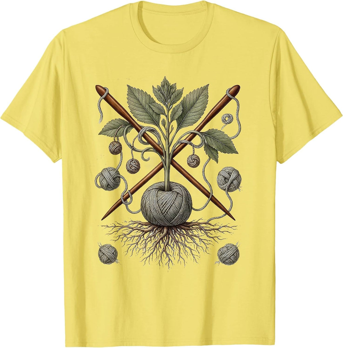 Men's Grandma Knitting Tangled Yarn Illustration T-Shirt - Lemon Yellow