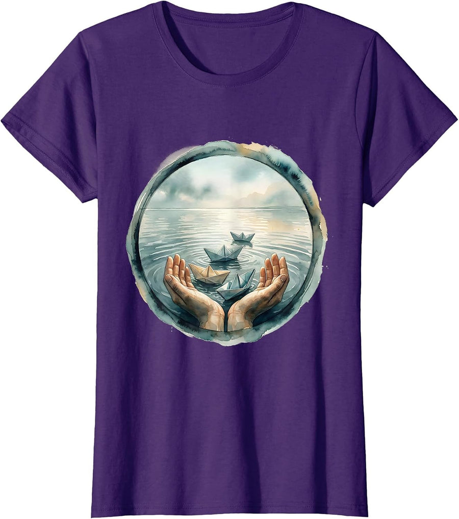 Women's Be Kind Paper Boats on Water Illustration T-Shirt - Purple