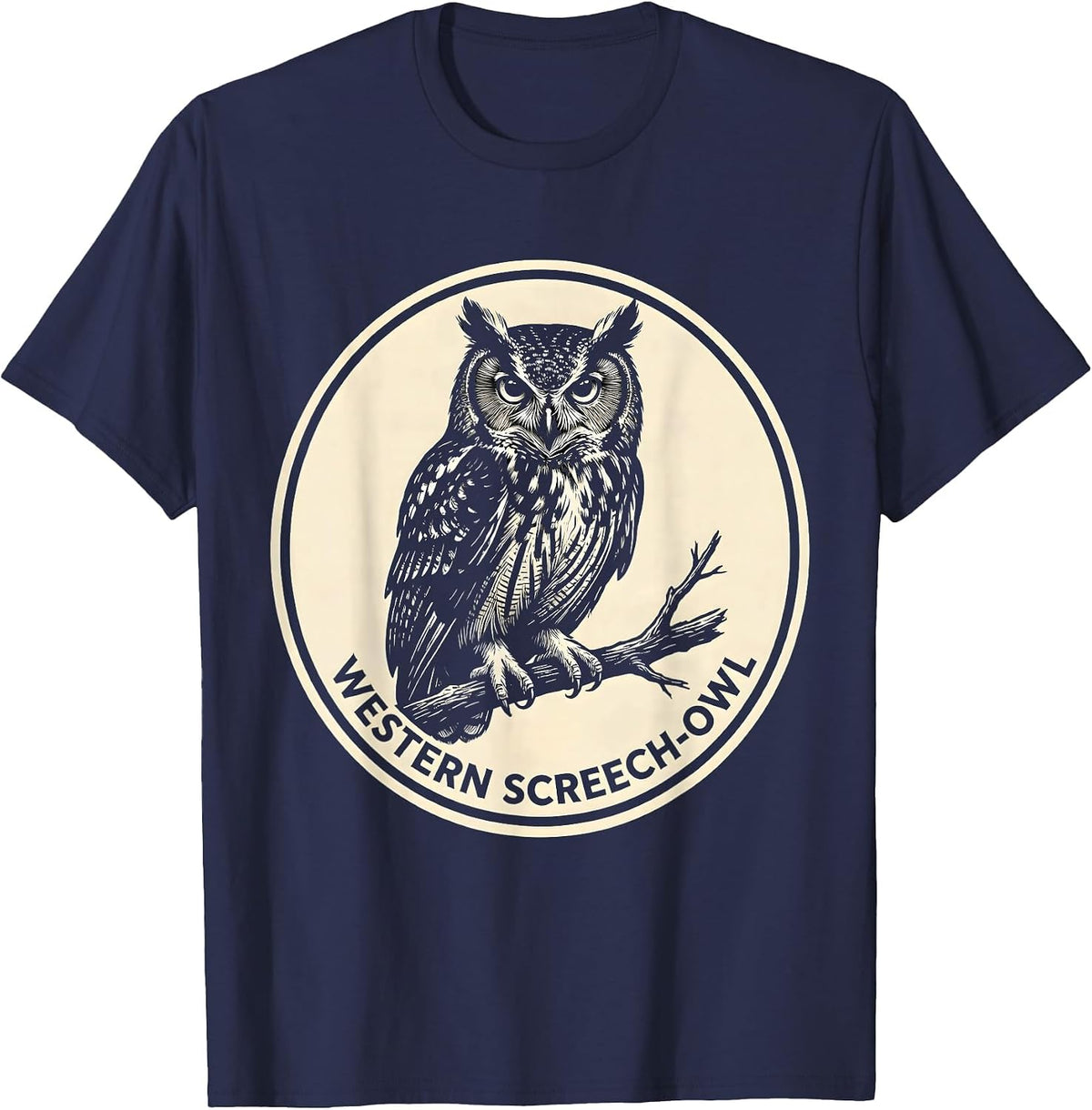 Men's Western Screech-Owl Scratchboard Owl Lover Birdwatcher T-Shirt - Navy Blue