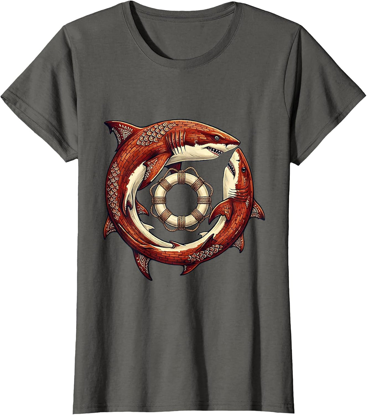 Women's Shark Circling Life Preserver Sailor Graphic T-Shirt - Asphalt Grey