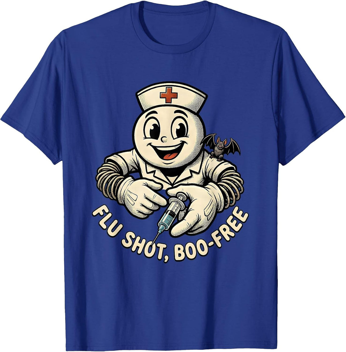 Men's Flu Shot Boo-Free Retro Cartoon Nurse Halloween Humor T-Shirt - Royal Blue