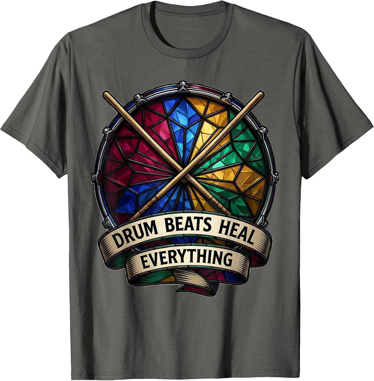 Drum Beats Heal Everything Music Design T-Shirt - Asphalt Grey