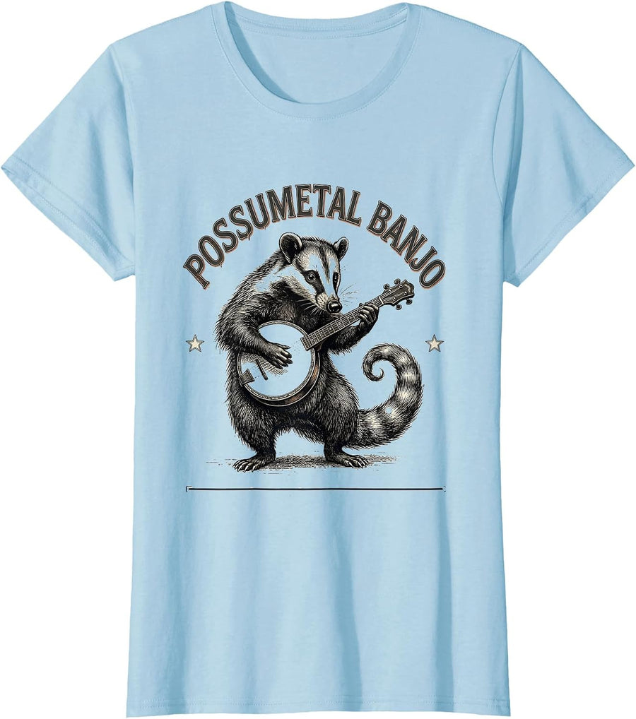 Women's Possumetal Banjo Funny Opossum Rock Music Pet Lover Gift T-Shirt - Baby Blue