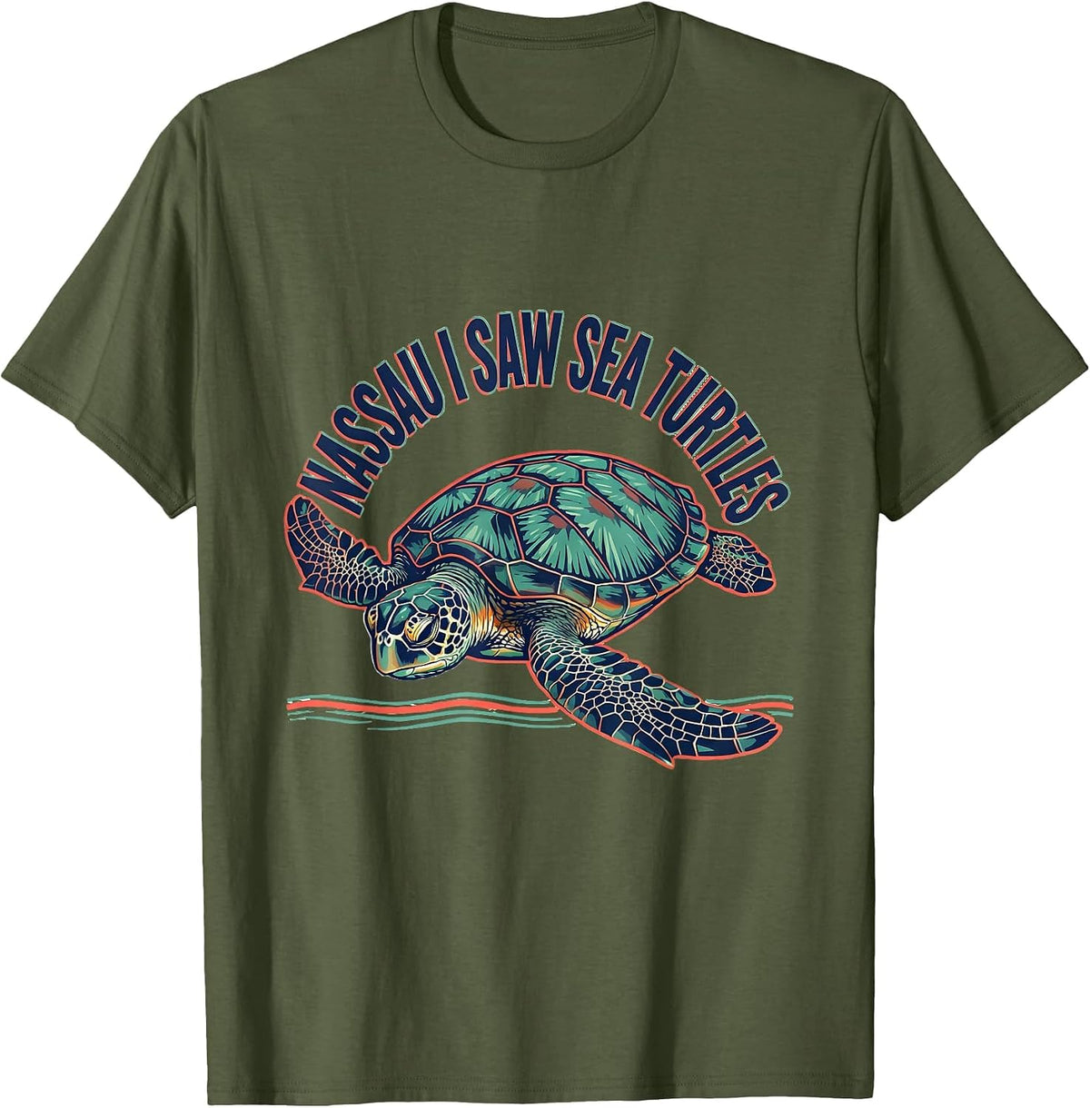 Men's NASSAU I SAW SEA TURTLES Screenprint Tropical Souvenir T-Shirt - Olive Green